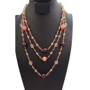 Pink Beaded Layered Necklace with Gold Tone Chain